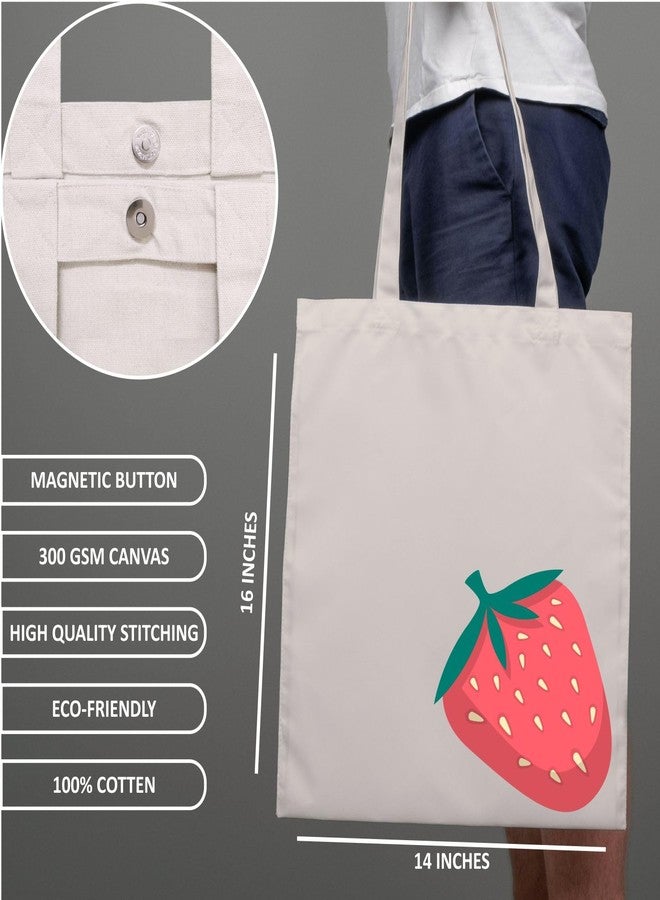Roundsun Fruit Print Canvas Tote Bags,Reusable Shopping Bags with Strawberry,Kiwi,Orange,Watermelon Design,Magnetic Button Closure,No Zipper,No Inner Pocket,Eco Friendly Cotten (Strawberry (Pack of 1)) - Image 3